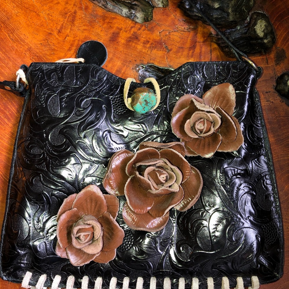 Black Floral Embossed Fringe Crossbody Bag with Brown Rose Appliqués - Picture 2 of 7